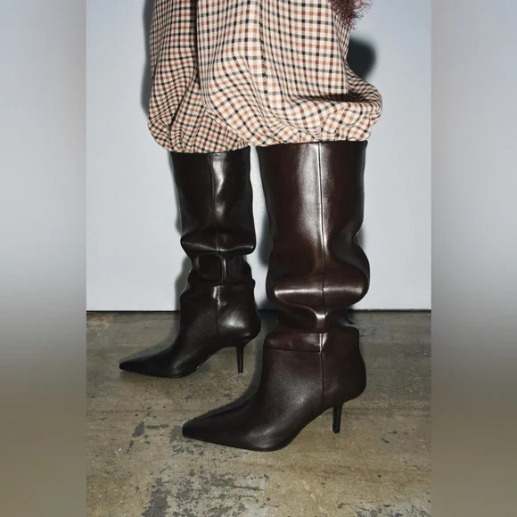 Zara Chocolate Brown Vegan Knee-High Pointed-Toe Boots with Heels. Size 6. - Picture 6 of 9